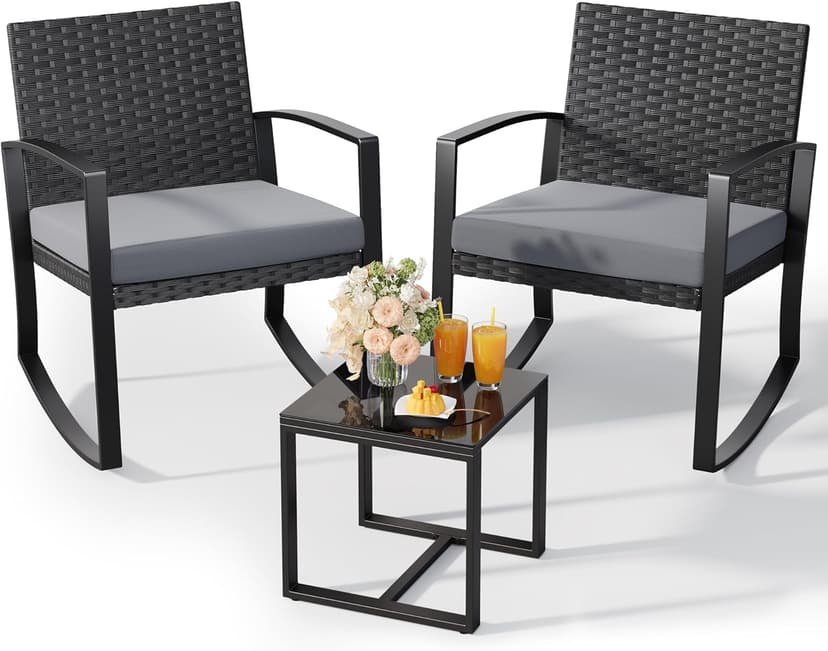 3 Pieces Outdoor Patio Furniture Set Rocking Bistro Set Outdoor Rattan Conversation with Coffee Table for Garden Balcony Backyard Poolside (Grey Cushion)