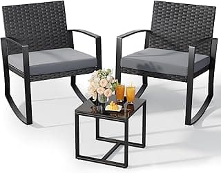 3 Pieces Outdoor Patio Furniture Set Rocking Bistro Set Outdoor Rattan Conversation with Coffee Table for Garden Balcony Backyard Poolside (Grey Cushion)