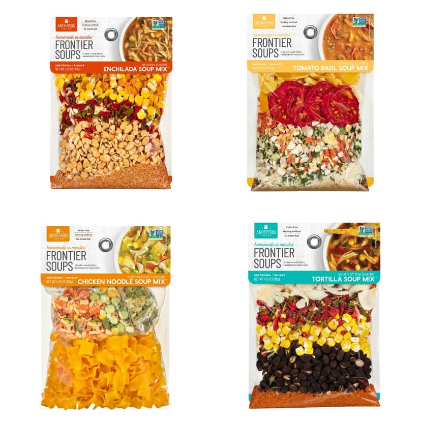 Frontier Soups Homemade in Minutes Variety Pack: (1) Arizona Enchilada, (1) Connecticut Cottage Chicken Noodle, (1) Mississippi Delta Tomato Basil, and (1) South of the Border Tortilla (4 Bags Total)