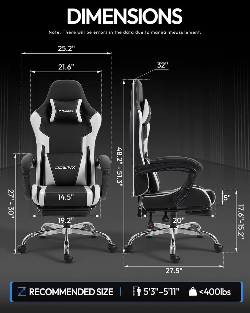 Dowinx Ergonomic Gaming Chair with Footrest & Massage Lumbar, 2D-Linkage Armrests for Computer Chair 330lbs with Headrest Pillow for Office, Home, Streaming and Long Gaming Sessions, White