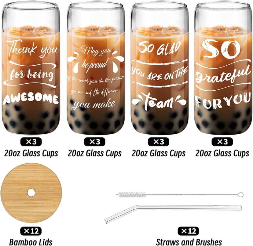 12 Set Employee Appreciation Gifts, Inspirational Thank You Gift for Team, Teacher, Nurse, Coworkers, Employees, Staff - Employee Christmas Gifts, 20oz Glass Cups with Lids and Straws (Mixed)