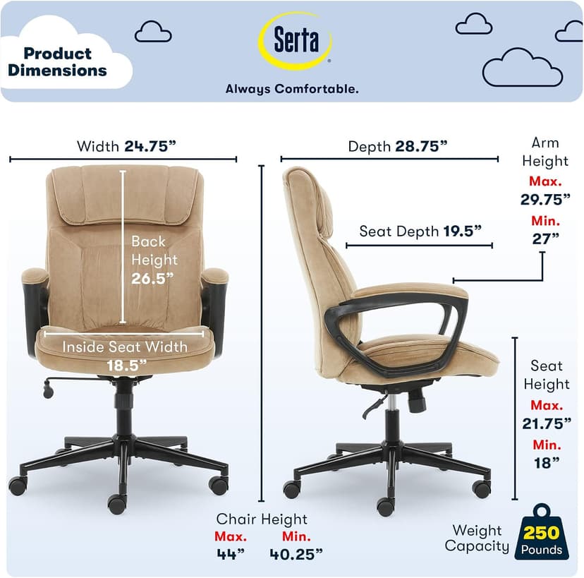 Serta® Hannah Executive Home Office Desk Chair, Ergonomic Mid-Back with Lumbar Support, Firm Seat Cushion, Layered Body Pillows, Padded Armrests, Swivel Base, Easy Assembly, Microfiber, Beige