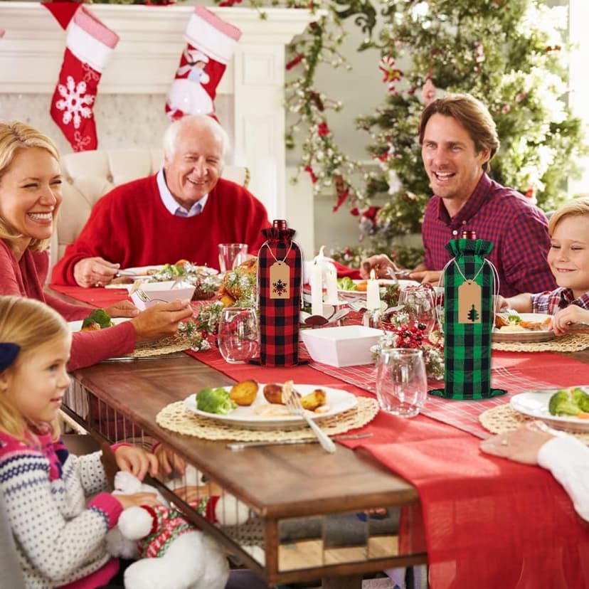 DULEFUN 12pcs Christmas Wine Burlap Bags, Xmas Wine's Bags Classic Buffalo Plaid Wine Bottle Bags Reusable Burlap Xmas wine Bottle Covers Clothes for Christmas New Year Wedding Holiday Parties