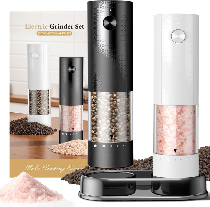 Electric Salt and Pepper Grinder Set - Rechargeable Automatic Salt and Pepper Shakers, Kitchen Appliances with External Adjustable Coarseness, Larger Hopper for Cooking, Home Gifts(2 Pack,Black/White) B0FJQ6SLKC