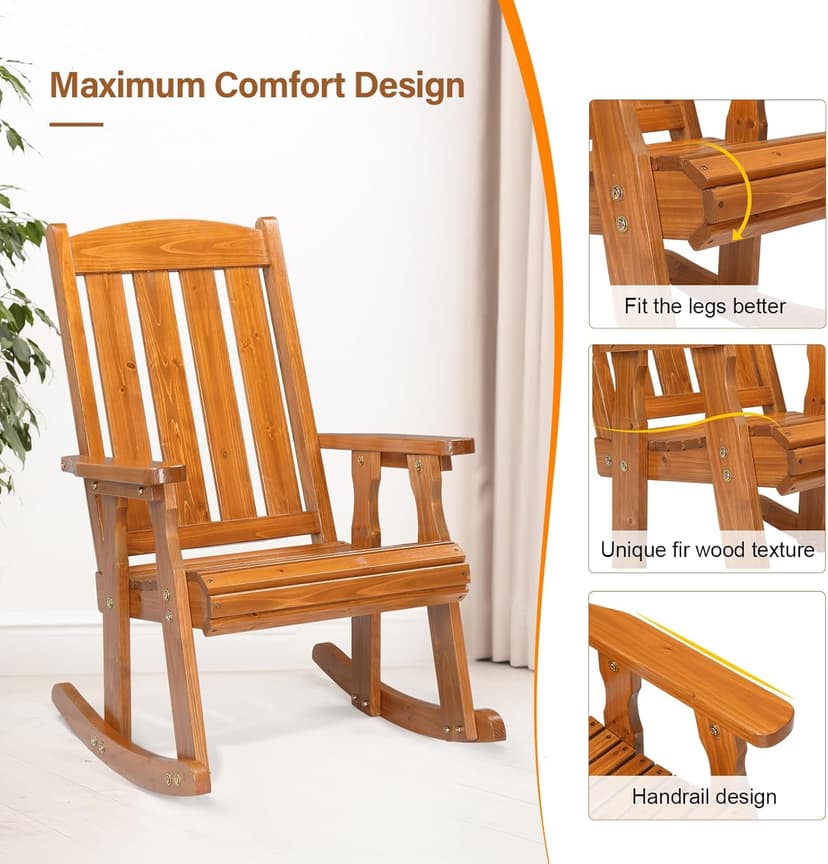 VINGLI Wooden Rocking Chair, Patio Rocker with Higher Backrest, Heavy Duty 600 LBS Outdoor Rocking Chair for Garden, Yard, Balcony, Teak