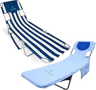 Ostrich The Original Chaise Lounge Portable Reclining Beach Chair, Blue Stripe - Bundled with Custom Fitted Towel Cover, White