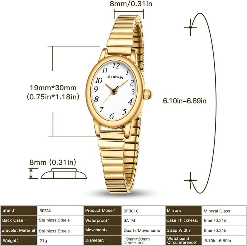 BOFAN Small Gold Watches for Women Easy Read Ladies Quartz Wrist Watch with Stainless Steel Expansion Band,Waterproof.