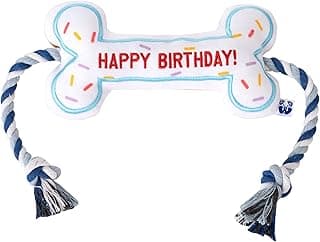 Birthday Bone Interactive Dog Toy - Interactive Tug Rope Pet Toy - Cute Unique Design Party Birthday Gift - Small Medium Puppy - Durable Chew Resistant Plush Toy with Squeaker for Teething (White)