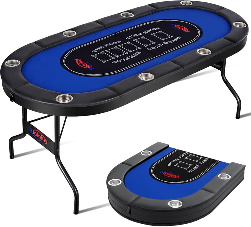 Rioloiuy 8 Player Poker Table Foldable, Texas Holdem Casino Table with Padded Rails & Cup Holders, Portable Folding Game Table for Home or Game Room, 71 Inch