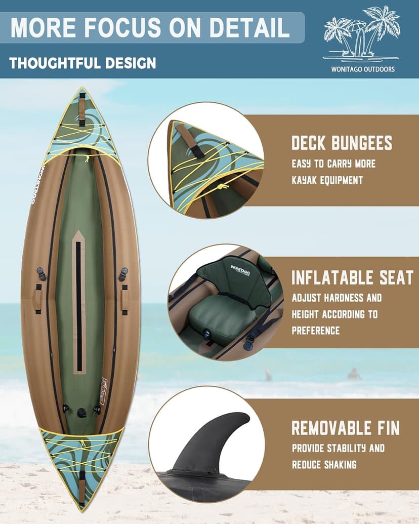 Inflatable Kayak, Portable Ripstop Oxford Cloth Recreational Touring Kayak with Fiberglass Kayak Paddle, Hand Pump and Carrying Bag, 1/2 Person