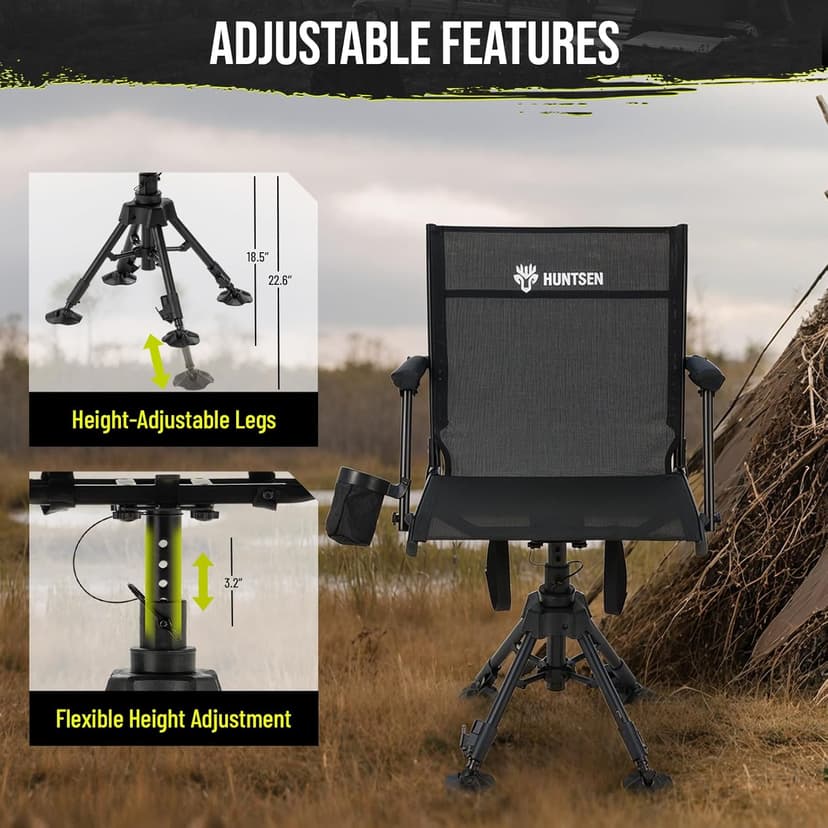 HUNTSEN 360° Silent Swivel Hunting Chair for Blinds - Stable Portable Ground Blind Chair Adjustable 4 Legs & Seat Height Folding Outdoor Fishing Seat with Anti-Sink Feet Armrest - Supports 330lbs