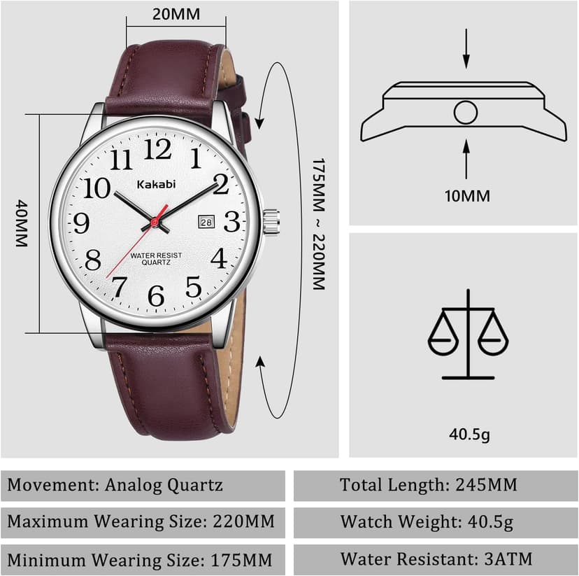 Kakabi Watch for Men, Easy Reader Unisex Analog Quartz Waterproof Wristwatch with Date and Leather Band, Casual Simple Fashion Mens Watches Gift