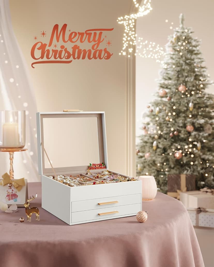 SONGMICS Jewelry Box Organizer with Glass Lid, 3-Layer Jewelry Storage, with 2 Drawers, Modern Style, Christmas Gift, 8 x 9.1 x 5.3 Inches, Cloud White and Gold Color UJBC239WT