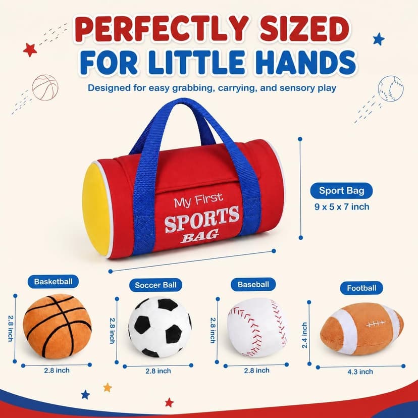 KMUYSL Baby Toys 0-12 Months, My First Sports Bag Plush Toy - 4 Sensory Balls Soft Toys with Crinkle, Rattles for 0-3-6-9-12 Month Newborn Infant, 1st Birthday for Babies Boys Girls Age 1