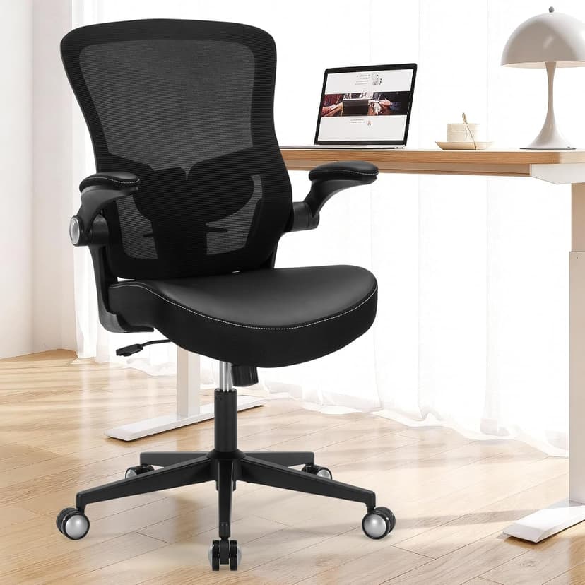 Ergonomic PU Leather Office Chair, 400lbs Weight Capacity, Breathable Mesh Back, Adjustable Height & Flip-Up Arms, Heavy Duty Computer Desk Chair for Home & Office, Black