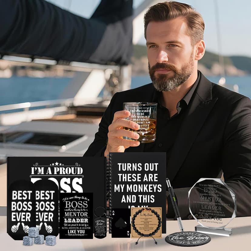 15 Pcs Boss Day Gifts for Men Whiskey Glass Set, Best Boss Ever Gifts with 11 Oz Whisky Glass Coaster Stones Socks Crystal Plaque Spiral Notebook Keychain, Bosses Inspirational Gift from Employees