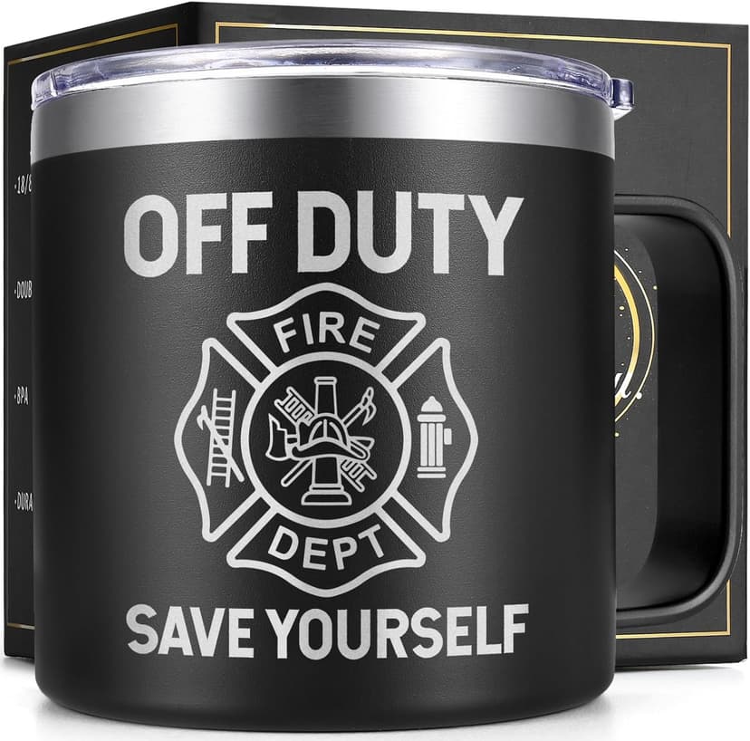 Lifecapido Firefighter Gifts for Men, Off Duty Save Yourself 14 oz Insulated Coffee Mug, Fireman Gifts for Men, Birthday Christmas Gift for Firefighters, Firemen, Boyfriend, Dad, Uncle, Black