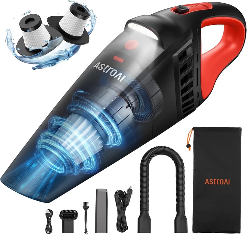AstroAI Handheld Car Vacuum Cordless with Accessories, Portable Vacuum Cleaner with 12V DC Power, LED Light, Brush, Extended Suction Pipe, Hose, Mini Handheld for Car, Home, Office, and Pet Hair, Red