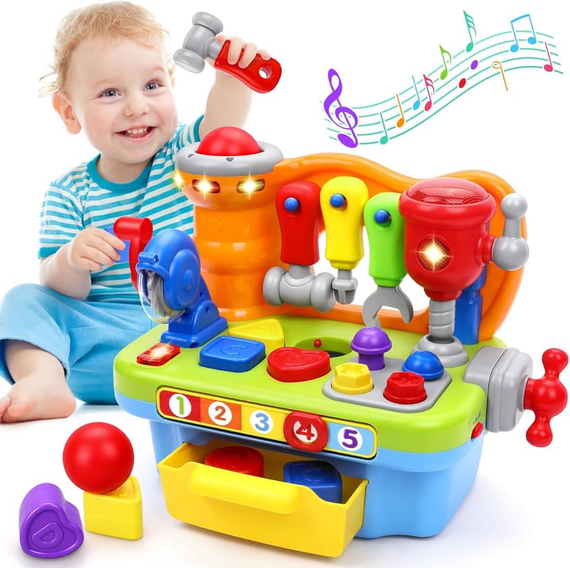 Montessori Toys with Sound Lights Effect, Shape Sorter, Christmas Birthday Gift for Boy Girl,Engineer Pretend Play Workbench Toys for 1 Year Old Boy, Musical Toy Tool Bench, 1 2 3 Years old Boy Gifts B08345YDXJ