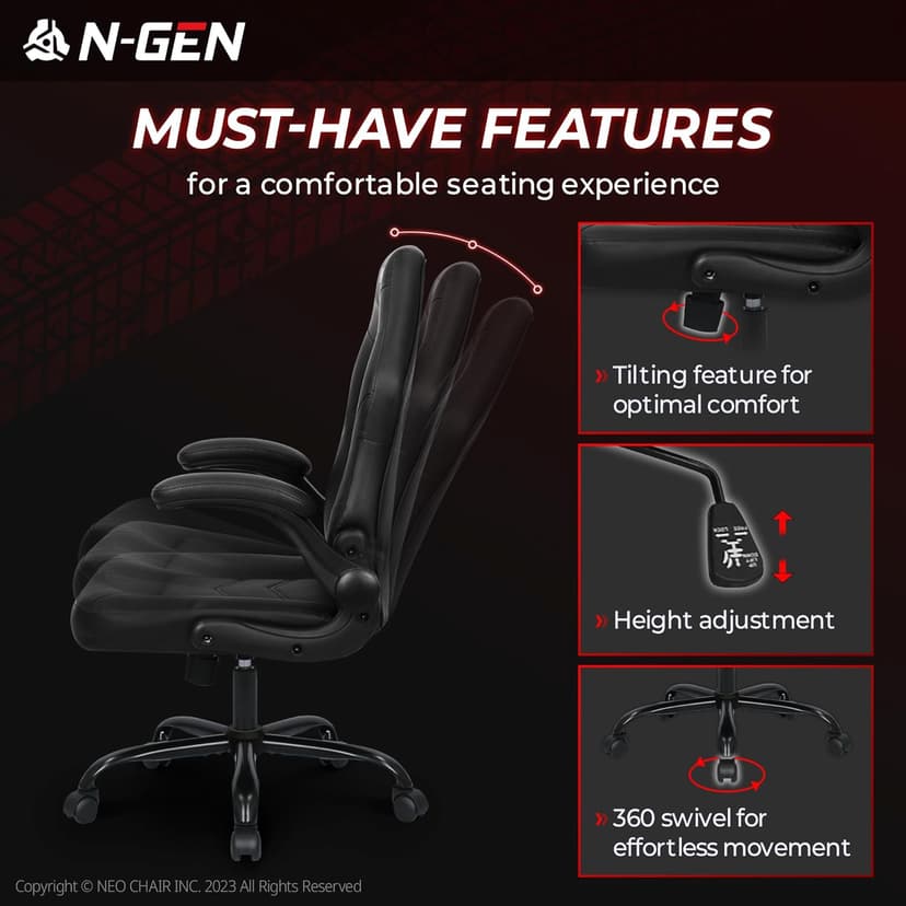 N-GEN Video Gaming Chair Ergonomic Computer Desk Office Chair with Lumbar Support Adjustable Height Swivel Wheels Flip-Up Arms PU Leather Home and Office (Black)