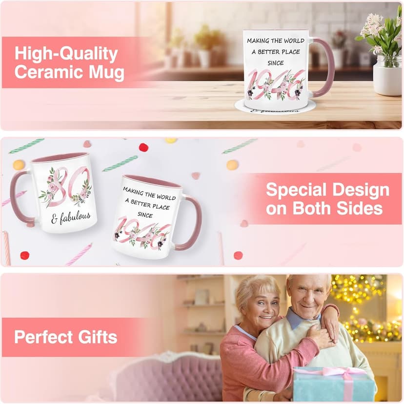 80th Birthday Gifts for Women Her, 1945 Vintage Birthday Coffee Mugs with Silicone Coaster, Fabulous 1945 Gifts Ideas for 80 Years Old Women Mom Sisters Grandma