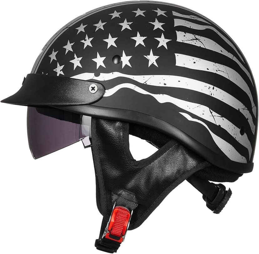 ILM Half Helmet Motorcycle Open Face Sun Visor Quick Release Buckle DOT Approved Cycling Motocross Suits Men Women 205V (M, Patriotic Flag)