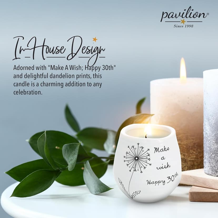 Pavilion - 8 Oz Candle Holder - White Ceramic Candle Jar with 100% Soy Wax Candle Serenity Scent "Make a wish Happy 30th" Ideal Gift for Loved Ones - Printed Text, Love Theme & Oval Shape