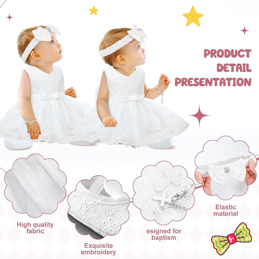 5 Pcs Baby Girl Baptism Outfit Includes Lace Christening Dresses Bowknot Headwear Cross Charm Bracelet Socks Shoes
