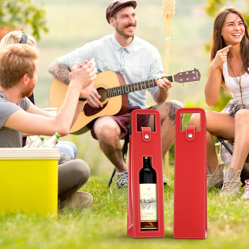 Wine Gift Bag, Reusable Leather Wine Tote Carrier, Single Bottle Champagne Beer Gift Bags Carrier for Birthday, Wedding, Picnic Party, Christmas Gifts (Red)