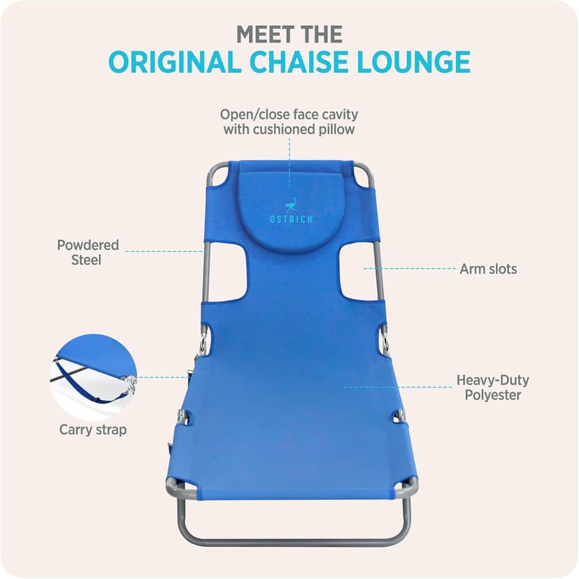 Ostrich the Original Chaise 72 x 22 Inch Lounge Portable Reclining Lounger, Outdoor Patio, Beach, Lawn, Camping, or Pool Tanning Chair, Ocean Blue