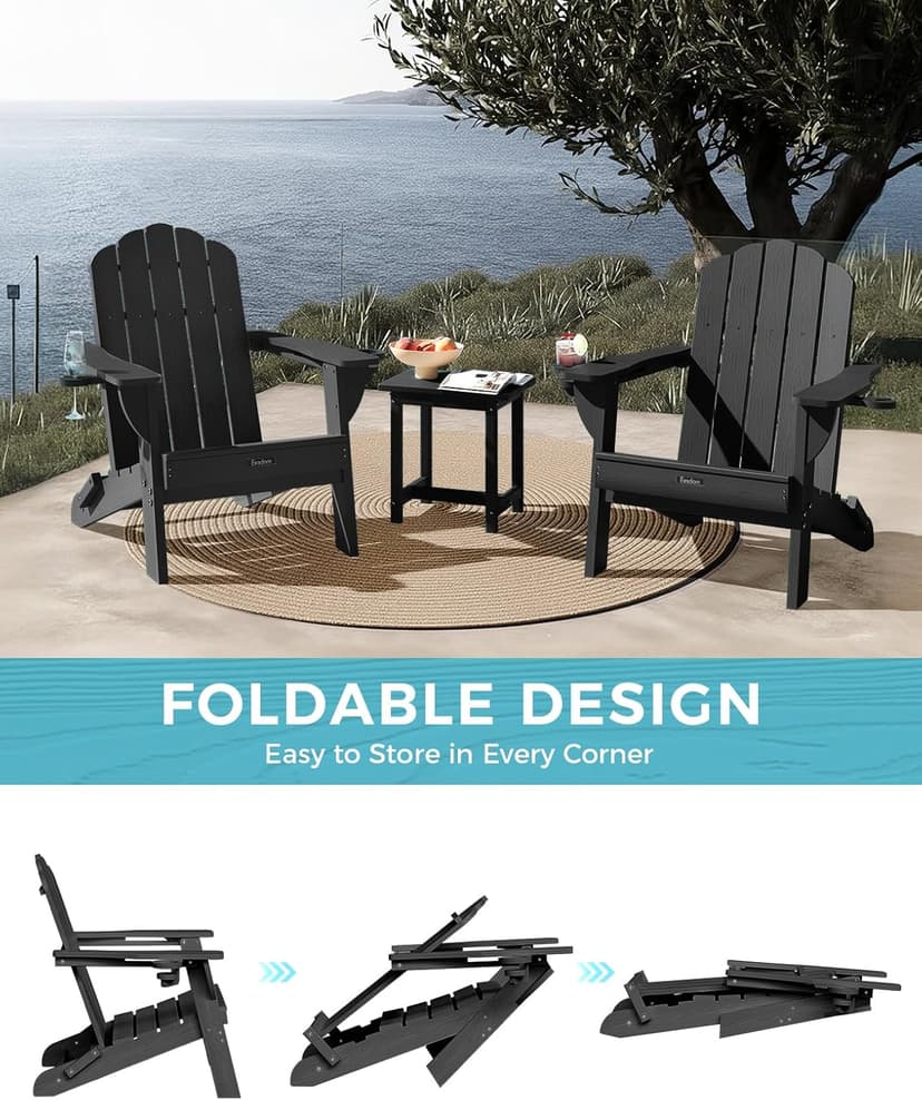 Folding Adirondack Chair,All-Weather HDPE Fire Pit Chair with 2 Cup Holders, Plastic Outdoor Chair for Patio Deck Garden Lawn, Black