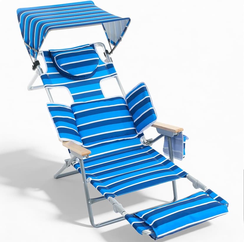 Oversized Beach Chair for Adults,5 Position Adjustable Tanning Chair with Sun Canopy,Folding Reclining Lounge Chir with Face Holes,Backpack Portable for Patio Pool Camping (Blue-White,Medium)