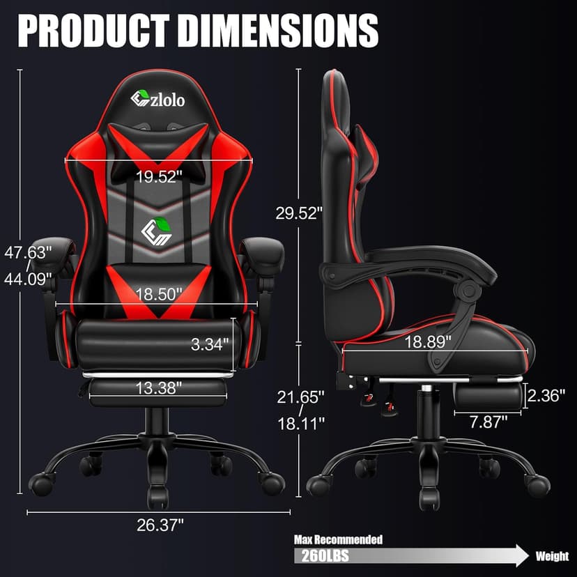 Czlolo Gaming Chair with Footrest Racing Style Lumbar Support Massager Video Game Chair with Metal Legs, High Back Reclining Gamer Chair with Headrest, 360° Swivel Office Computer Desk Chair (Red)