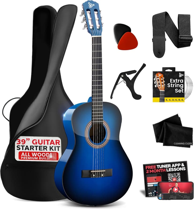 Pyle Beginner Acoustic Guitar Kit, 4/4 Full Size All Wood Build Nylon String Instrument with Capo, Strap, Extra String Set, Gig Bag, Guitars for Beginners Adults Youth, 39" Blue Burst Gloss