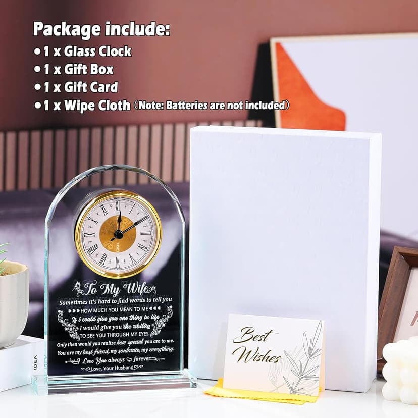 Gifts for Wife Romantic Anniversary Birthday Gift Ideas, Glass Clock to My Wife from Husband for Valentine's Day Christmas Mother's Day Crystal I Love You Keepsake Home Decor