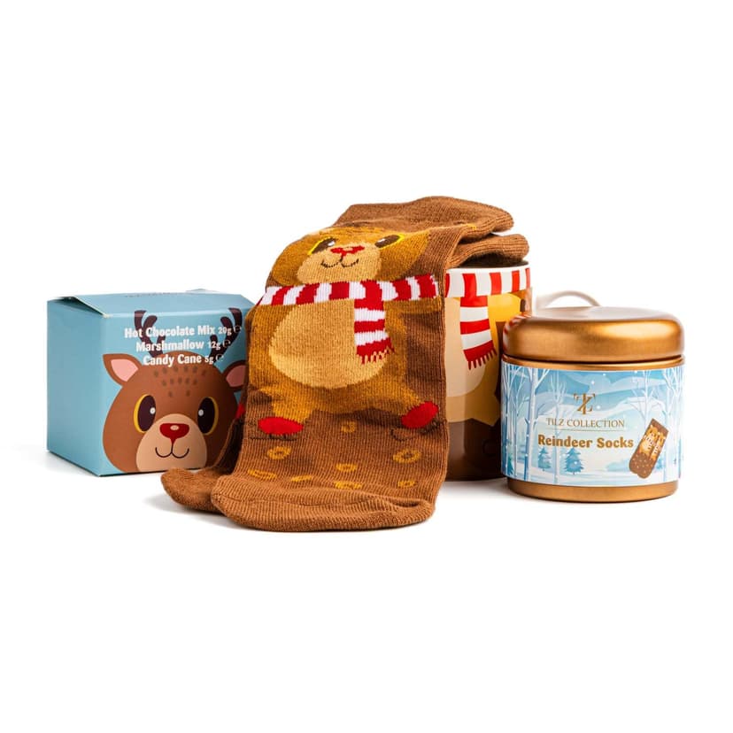 Hot Chocolate Gift Set With Reindeer Mug - Sachets, Mini Marshmallows, Candy Canes and Socks Included
