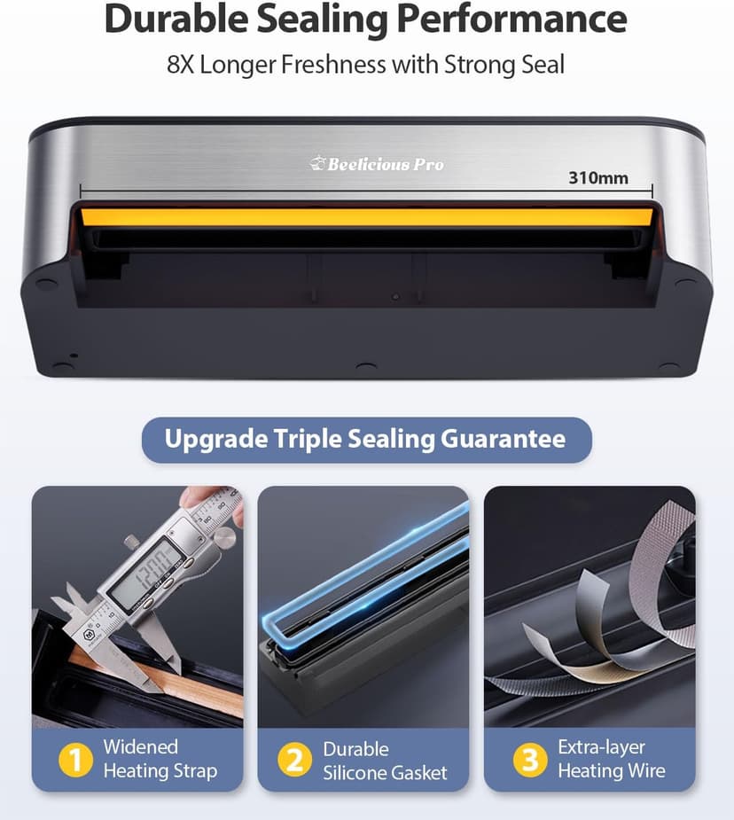 PressFree TRUE-Auto Vacuum Sealer Machine, Beelicious 85KPA Fully Automatic 8-IN-1 Food Sealer with Bags Storage, Build-in Cutter, Moist Mode and Air Suction Hose |Sous Vide | Digital Countdown