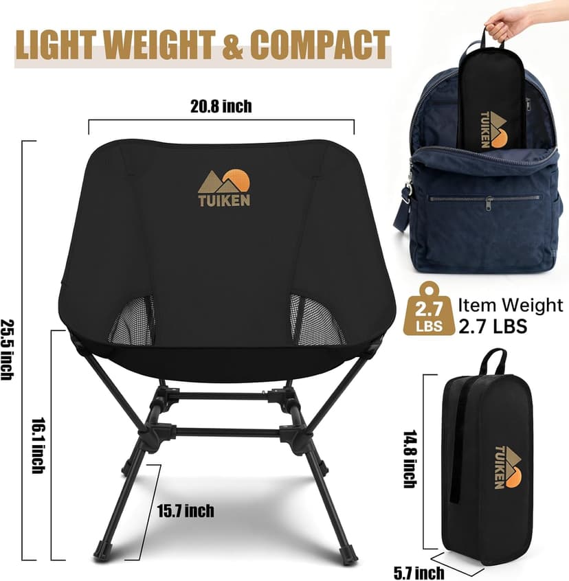 Ultralight Camping Chair Backpacking Chair, Portable Camp Chair with Cup Holder & Storage Bag, Lightweight Compact Folding Chair for Hiking, Travel, Picnic Mountaineering(Deep Black)