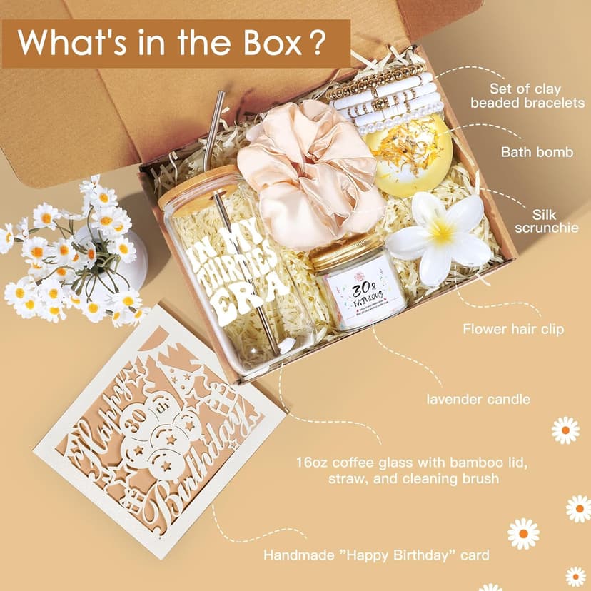 30th Birthday Gifts for Women, Unique 30 Year Old Birthday Gifts for Women, 30th Bday Decorations for Her, Gift for 30th Bday Woman w/ 16oz Coffee Cup, Candle, Bracelet, Hair Clip, Card, 7PCS
