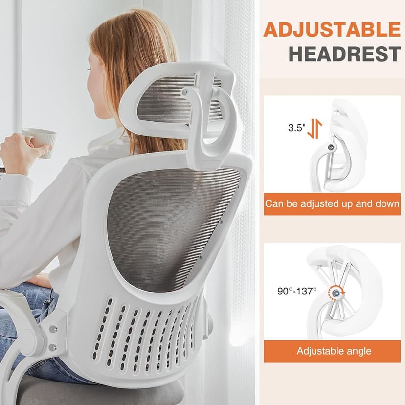 Sweetcrispy Home Office Desk Chair, Ergonomic High-Back Mesh Rolling Work Computer Chairs with Wheels and Adjustable Headrests, Comfortable Lumbar Support, Comfy Flip-up Arms for Bedroom, Study, Grey