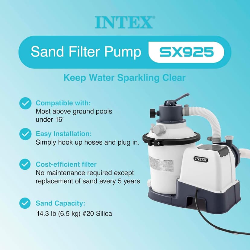 INTEX SX925 Krystal Clear Sand Filter Pool Pump for Above Ground Pools: 925 GPH Pump Flow Rate – Improved Circulation and Filtration – Easy Installation – Improved Water Clarity – Easy-to-Clean