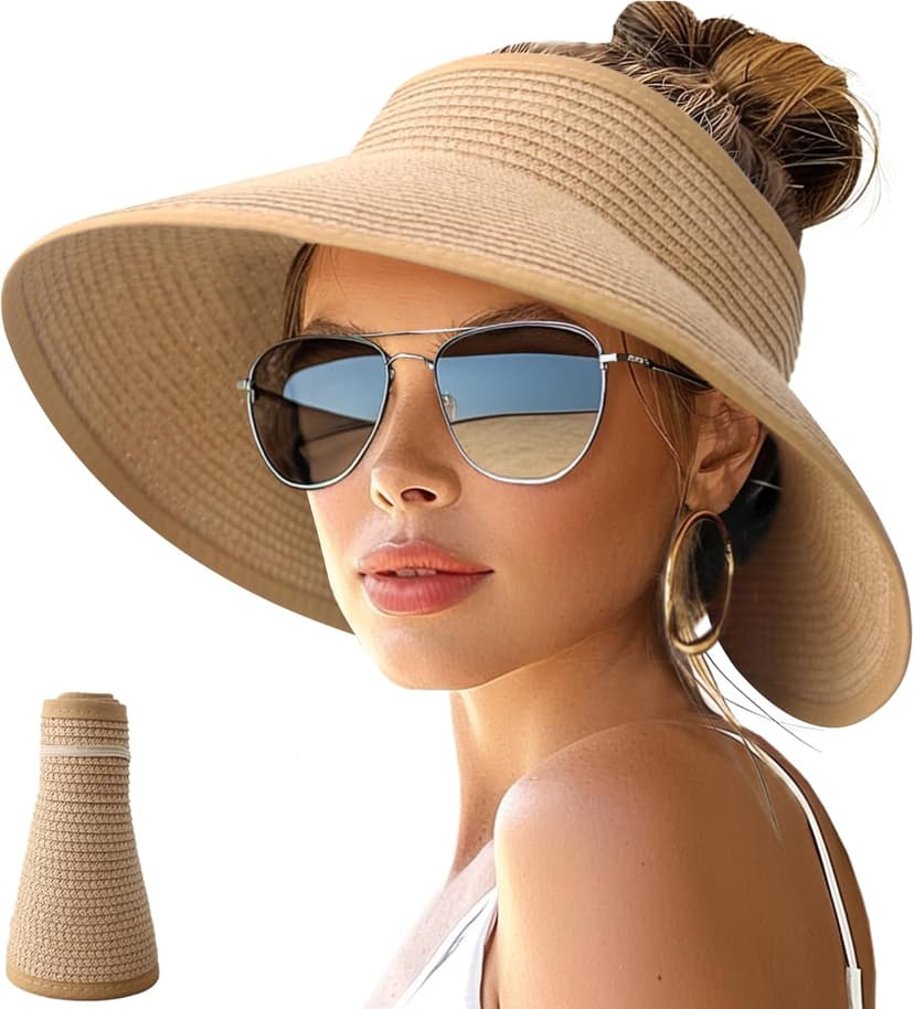NPJY Sun Hats for Women Wide Brim Roll-Up Beach Ponytail Hat Packable Foldable Travel Straw Visor