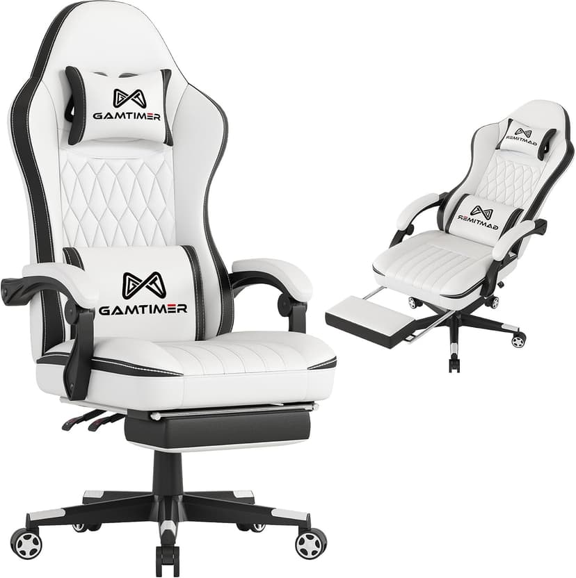Gamtimer Gaming Chair with Footrest, Ergonomic Computer Chair, PU Breathable Material with Headrest and Lumbar Support, Suitable for Silla Gamer and Adults (White)