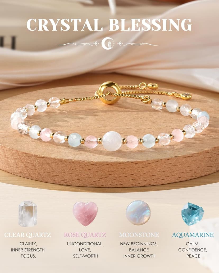 HGDEER Natural Crystal Bracelet 13th 16th Birthday Gifts for Girls - Rose Quartz Moonstone Aquamarine Healing Stones Jewelry with Meaning Card for Daughter Granddaughter