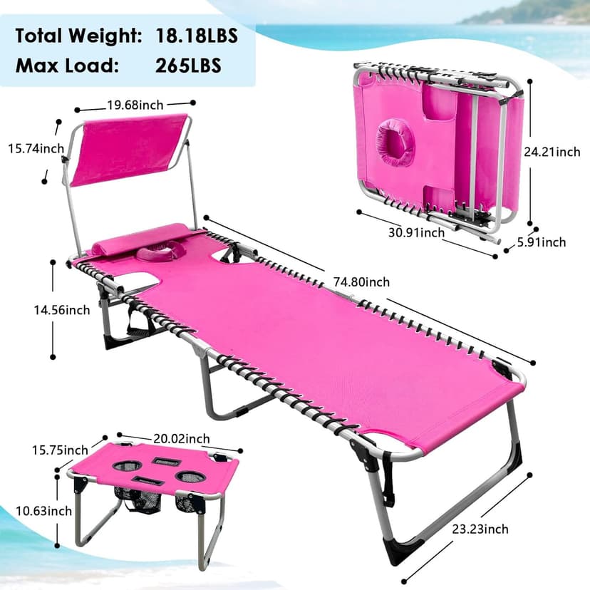 Outdoor Tanning Chair with Sun Canopy Shade & Face Hole, Folding Lounge Chair with Beach Table and Carry Bag for Poolside Sunbathing Lawn