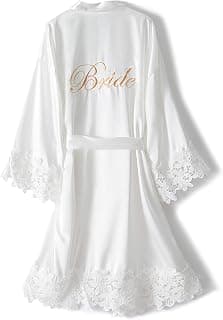 Silky Satin Fabric, Lace Trim, 3/4 Sleeves, Knee Length, Wedding Party Sleepwear Women's Lace Trim Bride Kimono Robes with Embroidery Bridal Satin Bathrobe B09PDH3CJ7