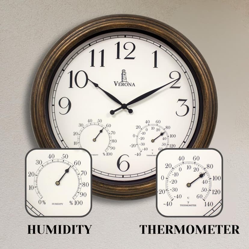 Outdoor Clocks for Patio Large Waterproof with Thermometer - 18 inch Indoor Outdoor Wall Clock with Temperature and Humidity Combo - Weatherproof, Accurate & Easy to Read for Pool, Garden & Home Decor