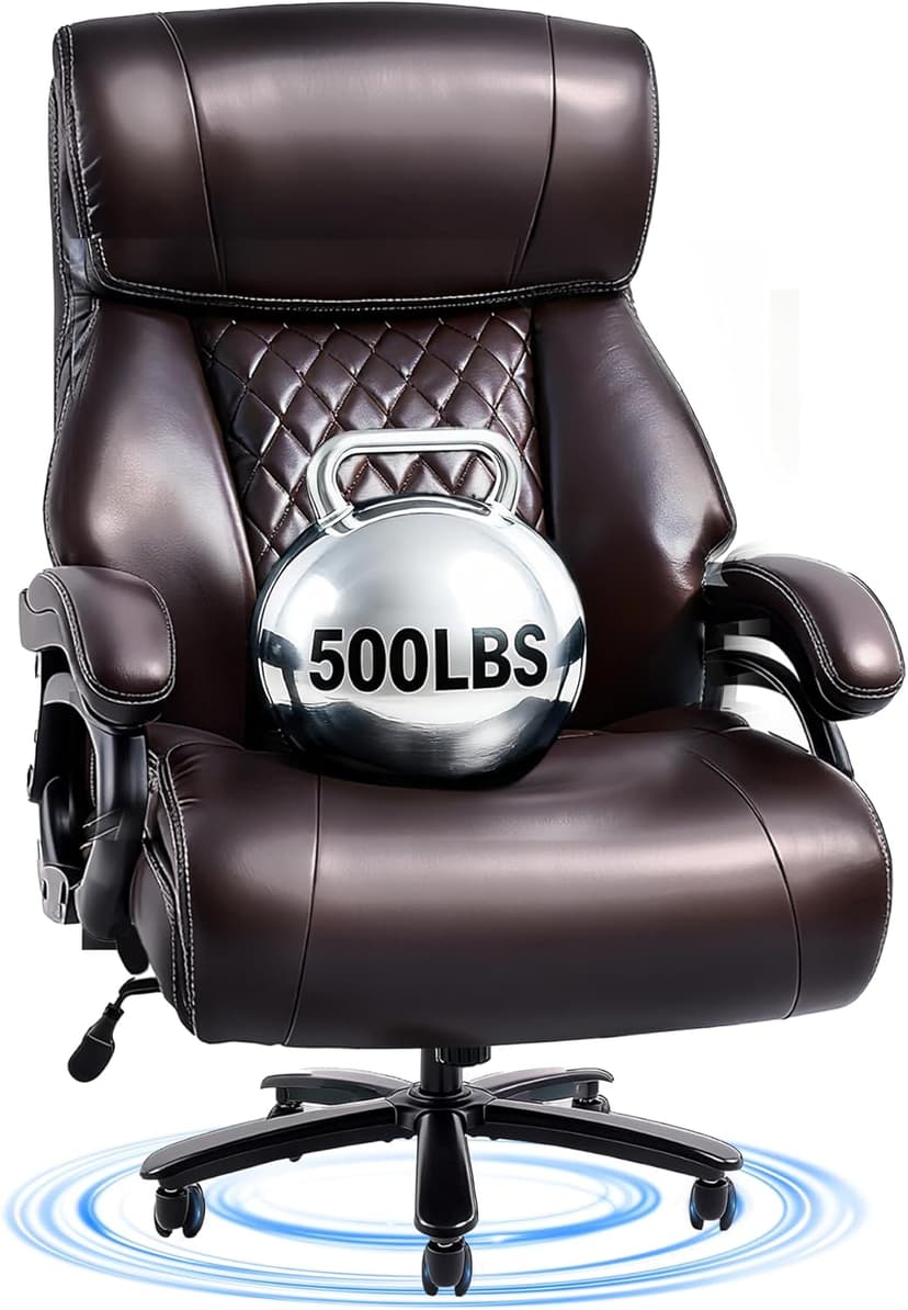 FLEXISPOT 500lbs Big and Tall Office Chair for Heavy People, Heavy Duty Computer Chair with Stable Arms Adjustable Lumbar Support Metal Base, Desk Chairs for Home Office Gaming Working, Leather, Brown