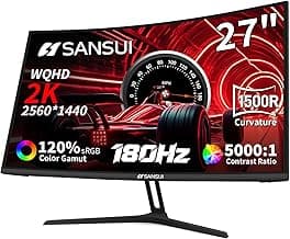 SANSUI 27 Inch WQHD 2560X1440 Curved Gaming Monitor, 180Hz MPRT 1ms Computer Monitor,HDMI2.0 * 2, DP1.2 * 2, Freesync, Curved 1500R, 5000:1 Contrast Ratio, 120% sRGB,HDR(ES-G27C1Q DP Cable Included)