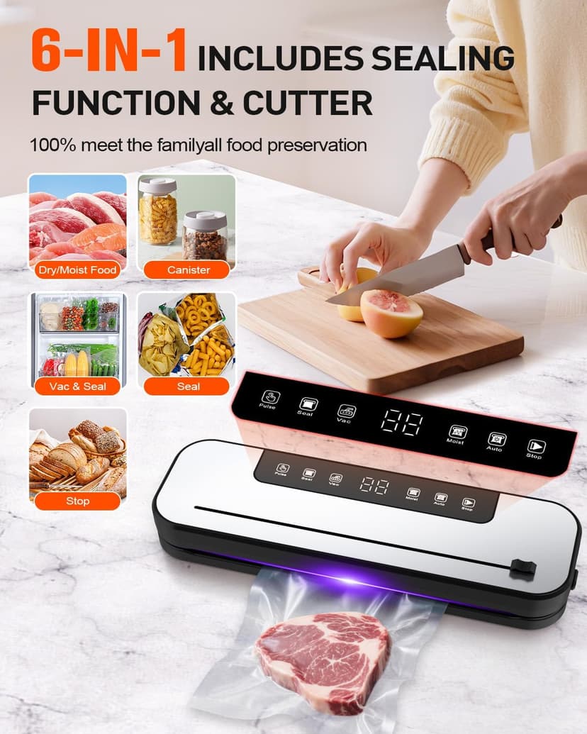 CEROBEAR Food Vacuum Sealer Machine, 75kpa Powerful Food Saver Vacuum Sealer Machine with Cutter, 6-in-1 Automatic Air Sealing for Food Storage, Sous Vide, Meat, Vegetables, Dry/Moist Modes